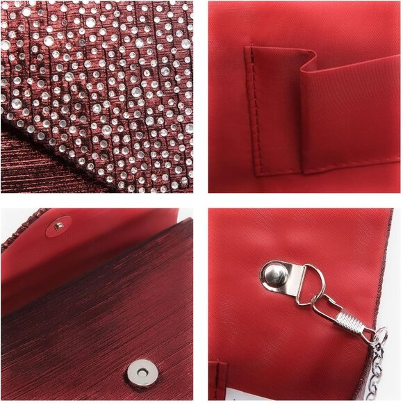 ⚡Women's Magnetic Closure Chain Strap Crossbody Envelope Red Clutch Handbag - Picture 6 of 7